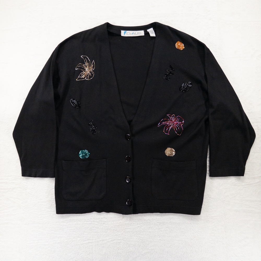 Chaus Womens Cardigan Large Black Beaded Floral Cotton Knit Button Up Vintage